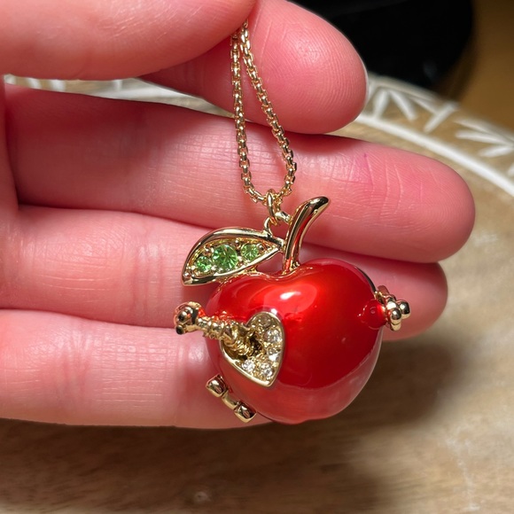 Betsey Johnson Gold Tone Back To School Red Apple Worm Locket Pendant Necklace - Picture 13 of 16